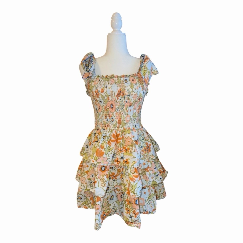 Cleobella Tamara Mini Dress Floral Smocked Organic Cotton Tiered Ruffle Boho - Picture 2 of 7
